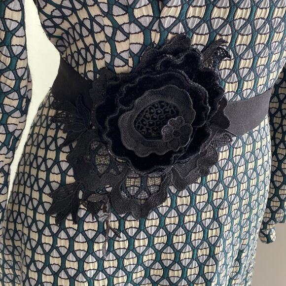 IREN KLAIRIE Fit & Flare Dress Womens Sz 12 Geometric Print Floral Tie Waist - Picture 4 of 8